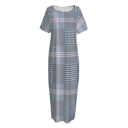 Navy And White Glen Plaid Print Short Sleeve Long Nightdress
