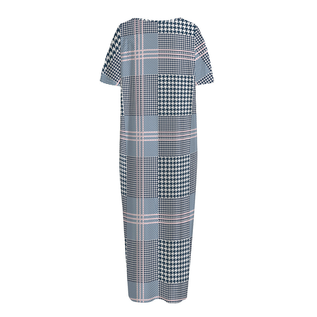 Navy And White Glen Plaid Print Short Sleeve Long Nightdress