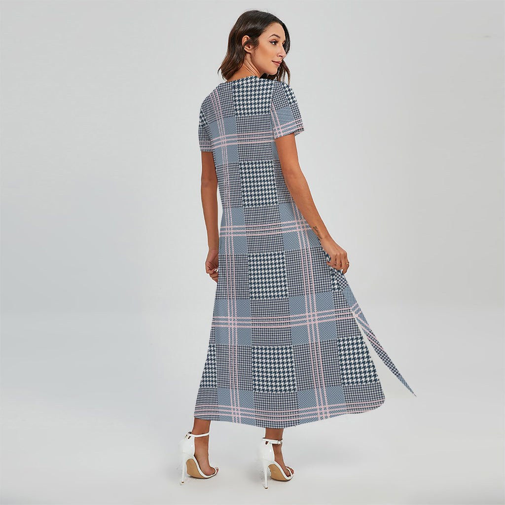 Navy And White Glen Plaid Print Short Sleeve Maxi Dress