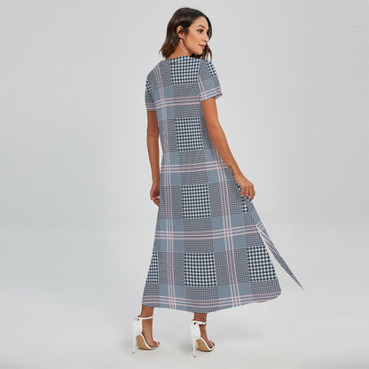 Navy And White Glen Plaid Print Short Sleeve Maxi Dress