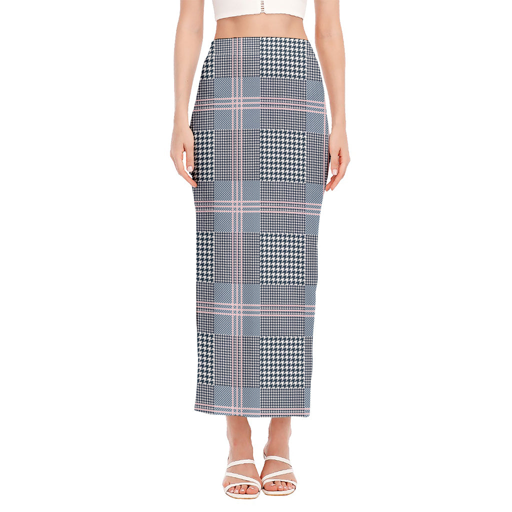 Navy And White Glen Plaid Print Side Slit Maxi Skirt
