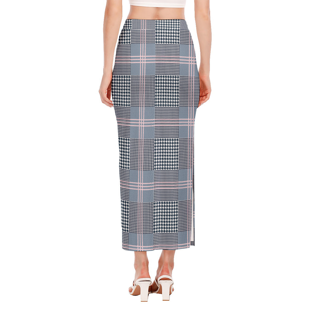 Navy And White Glen Plaid Print Side Slit Maxi Skirt