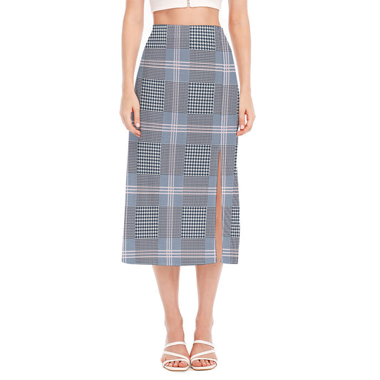 Navy And White Glen Plaid Print Side Slit Midi Skirt