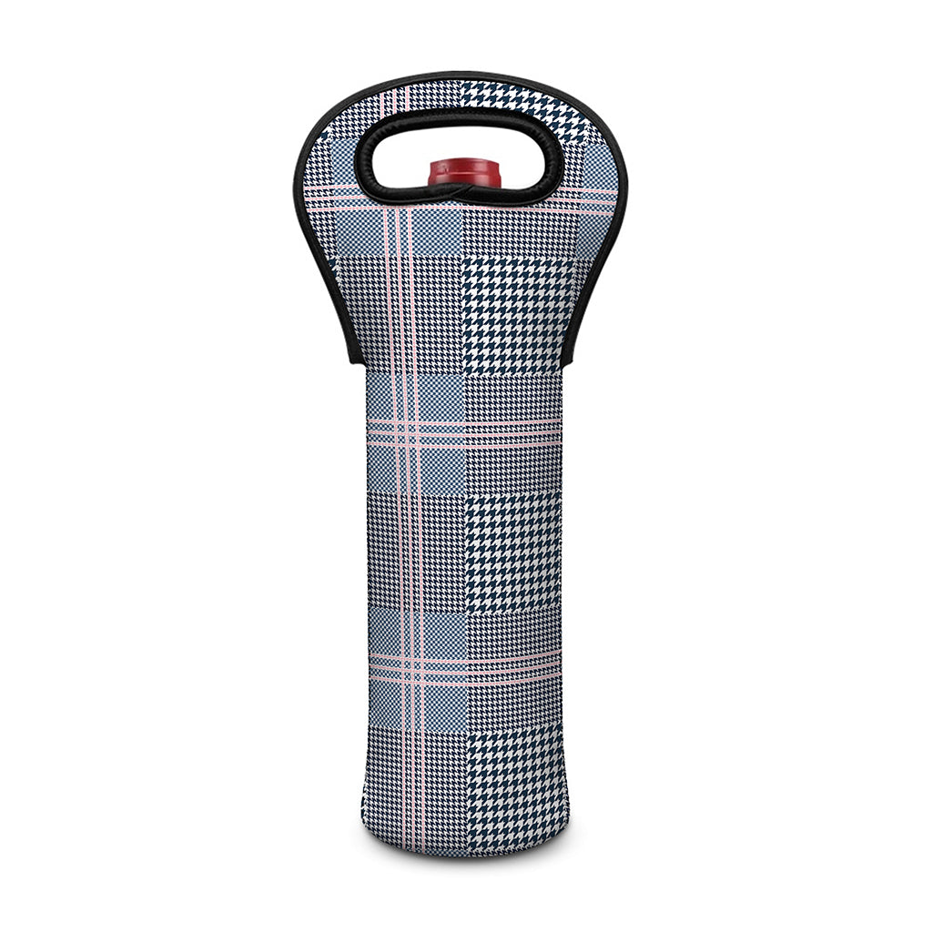 Navy And White Glen Plaid Print Single Neoprene Wine Tote