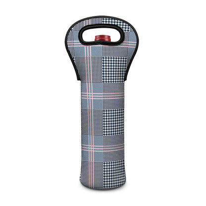 Navy And White Glen Plaid Print Single Neoprene Wine Tote