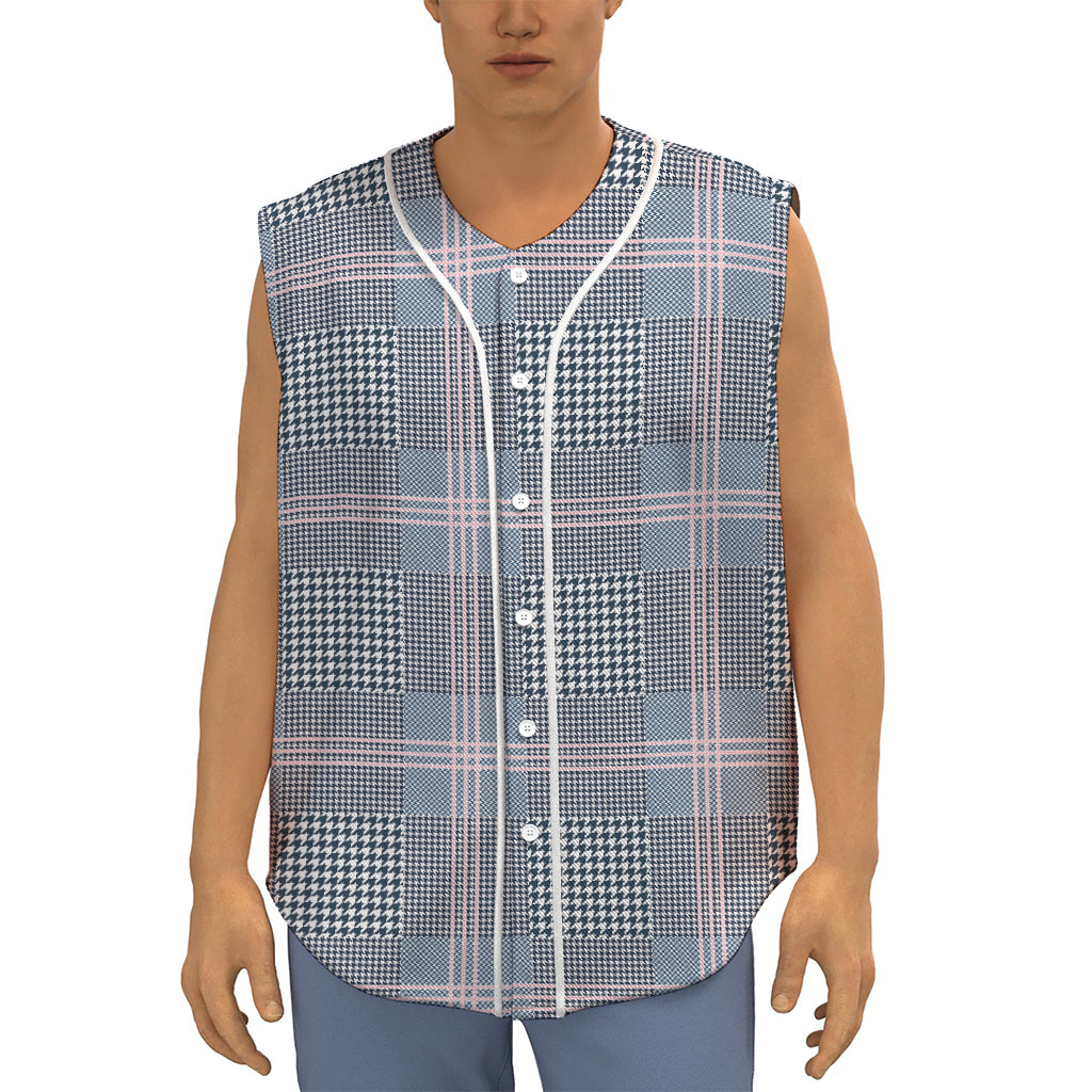 Navy And White Glen Plaid Print Sleeveless Baseball Jersey