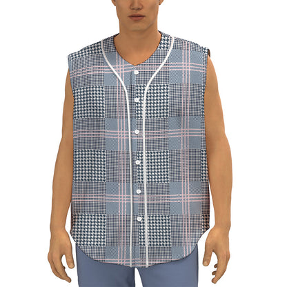Navy And White Glen Plaid Print Sleeveless Baseball Jersey