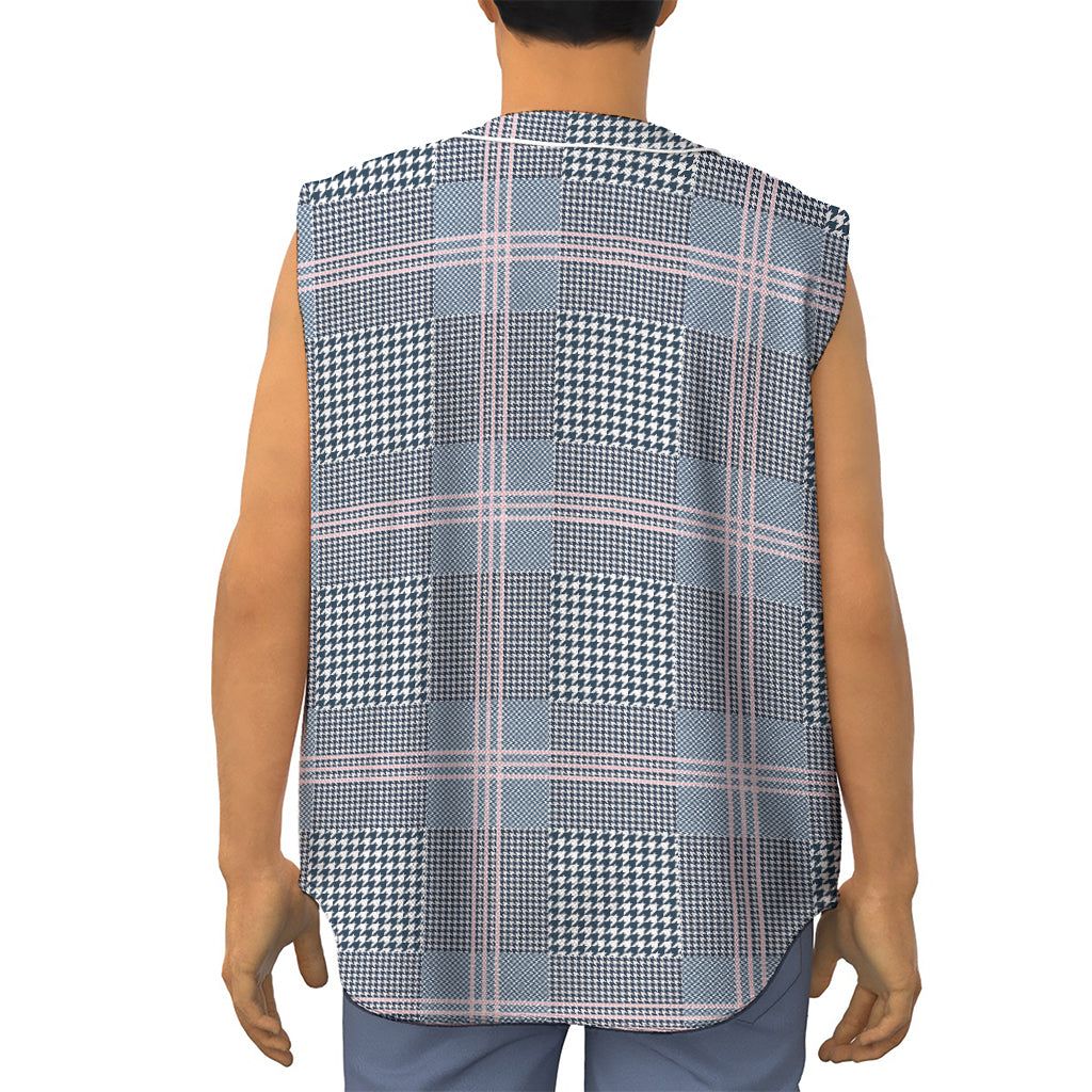 Navy And White Glen Plaid Print Sleeveless Baseball Jersey