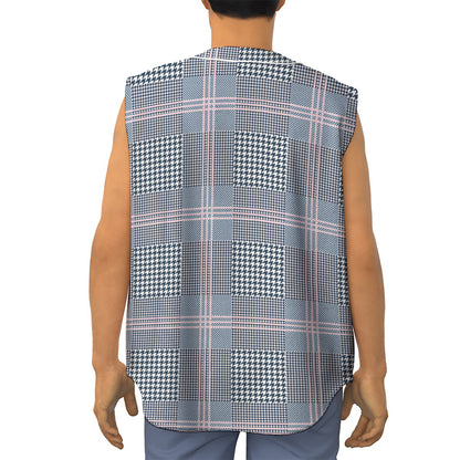 Navy And White Glen Plaid Print Sleeveless Baseball Jersey