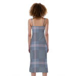 Navy And White Glen Plaid Print Slim Fit Midi Cami Dress