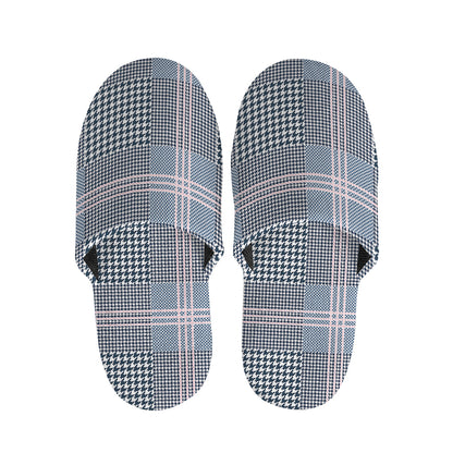 Navy And White Glen Plaid Print Slippers