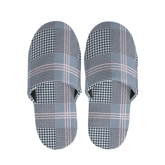 Navy And White Glen Plaid Print Slippers