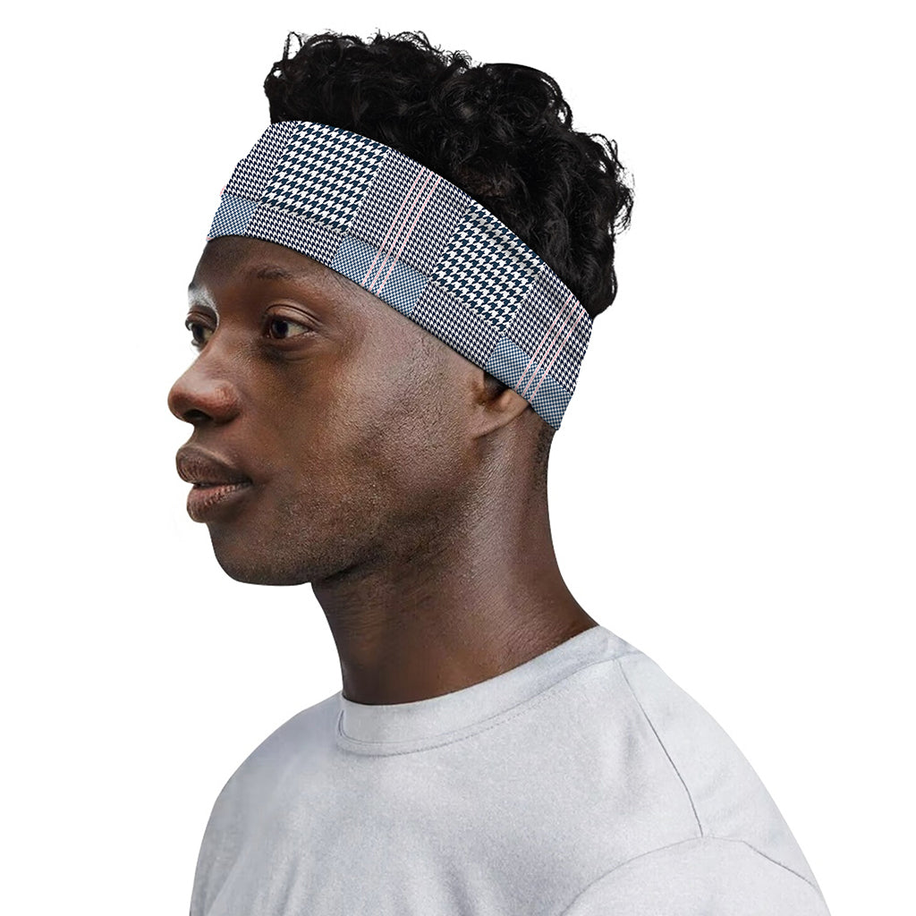 Navy And White Glen Plaid Print Sports Headband