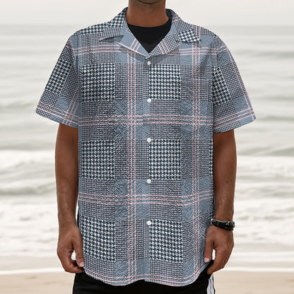 Navy And White Glen Plaid Print Textured Short Sleeve Shirt