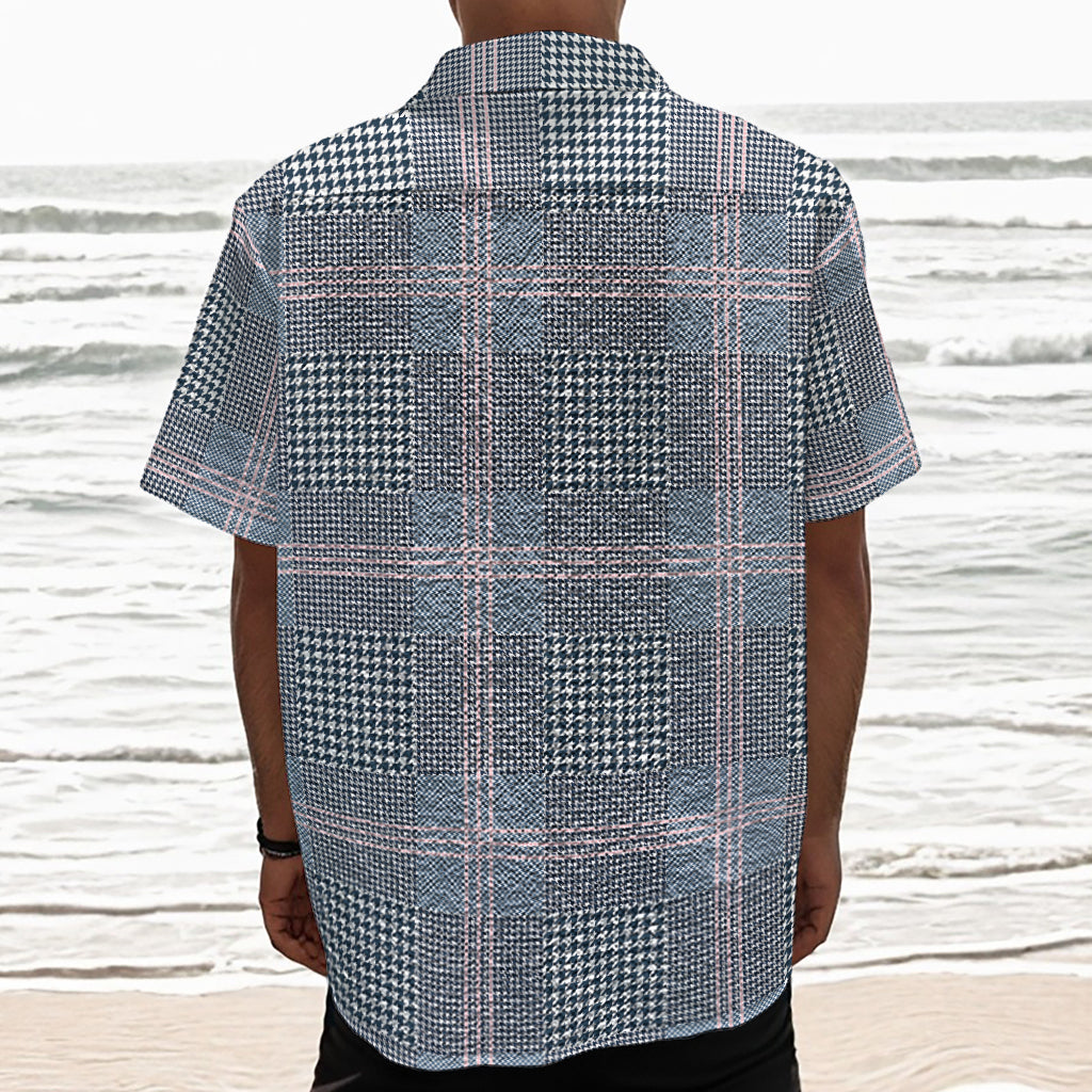 Navy And White Glen Plaid Print Textured Short Sleeve Shirt