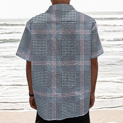 Navy And White Glen Plaid Print Textured Short Sleeve Shirt