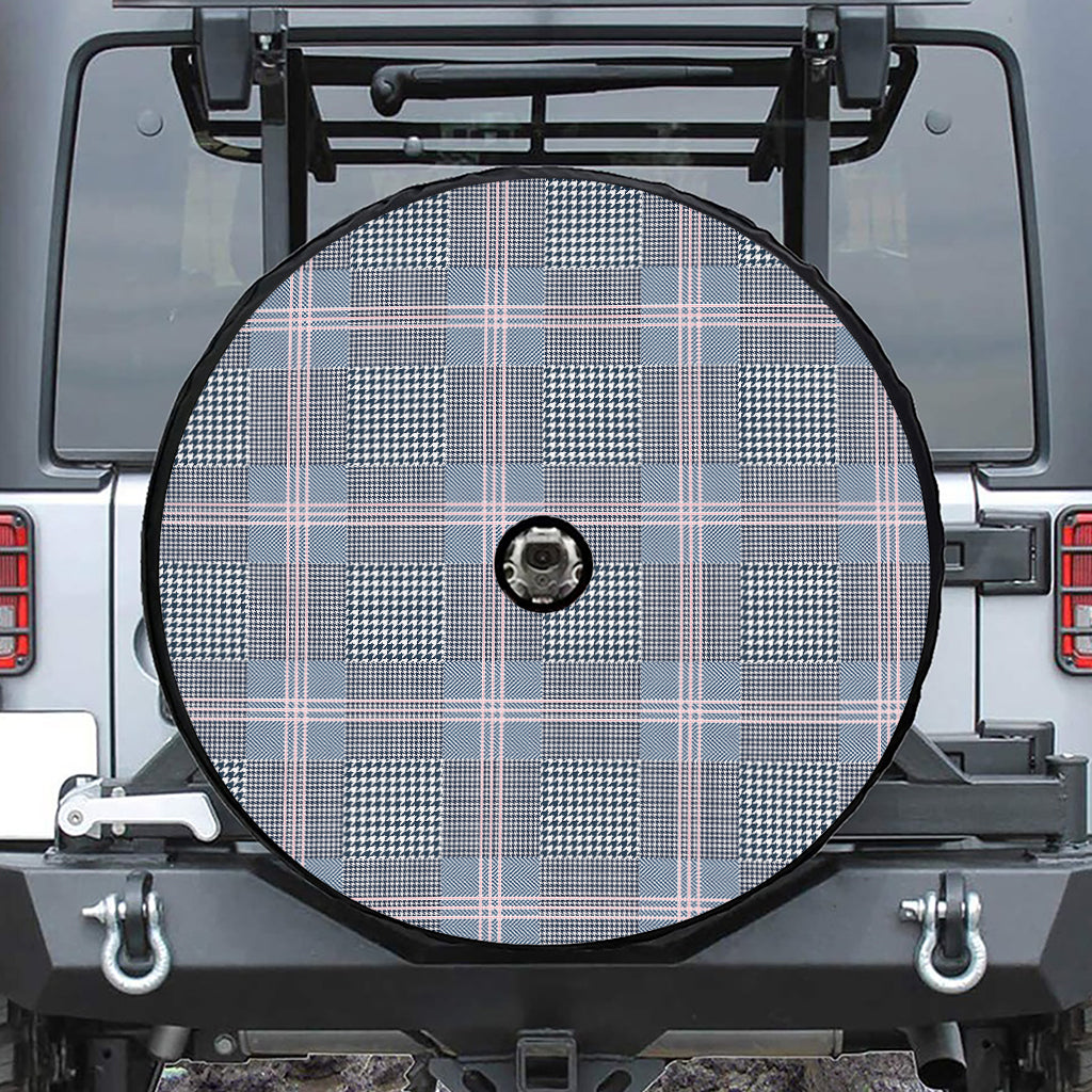Navy And White Glen Plaid Print Tire Cover With Camera Hole