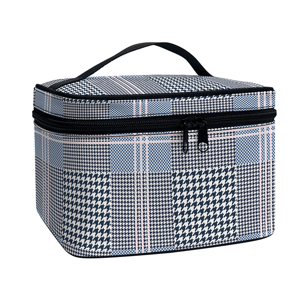 Navy And White Glen Plaid Print Travel Makeup Bag