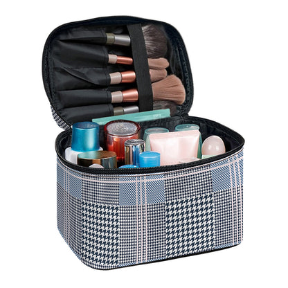 Navy And White Glen Plaid Print Travel Makeup Bag
