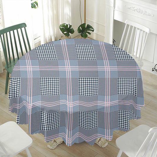 Navy And White Glen Plaid Print Waterproof Round Tablecloth