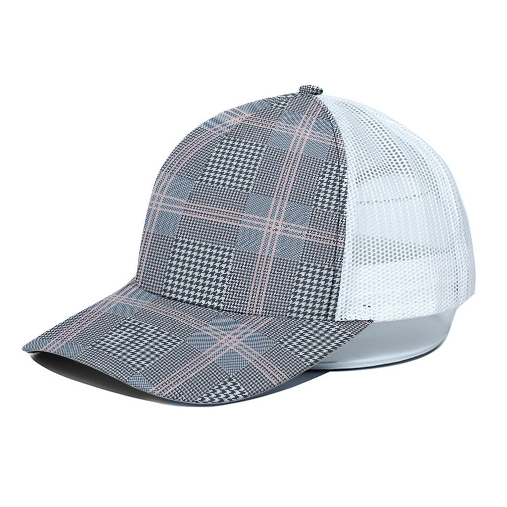 Navy And White Glen Plaid Print White Mesh Trucker Cap