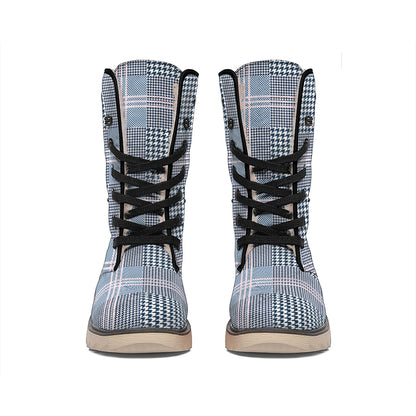Navy And White Glen Plaid Print Winter Boots
