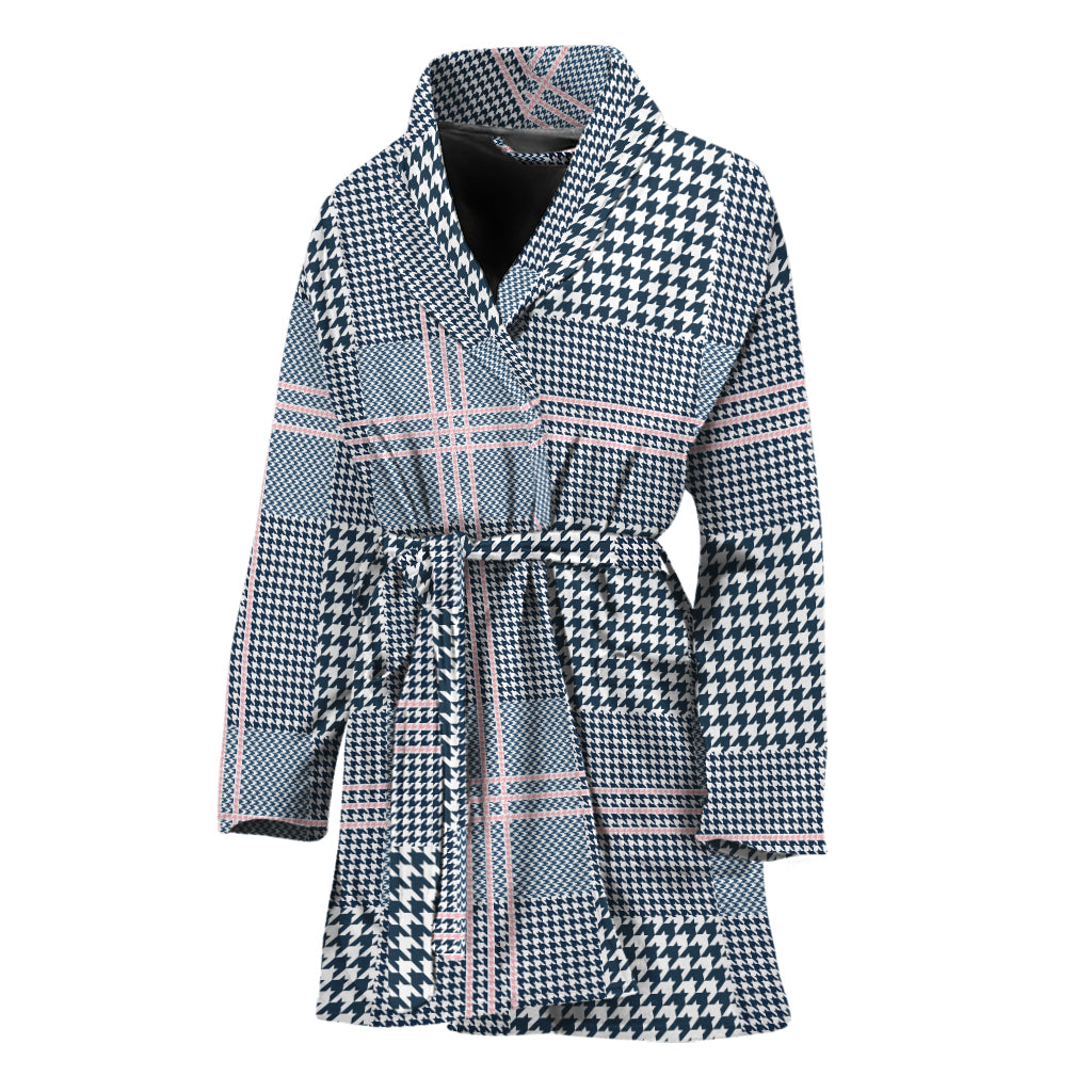 Navy And White Glen Plaid Print Women's Bathrobe