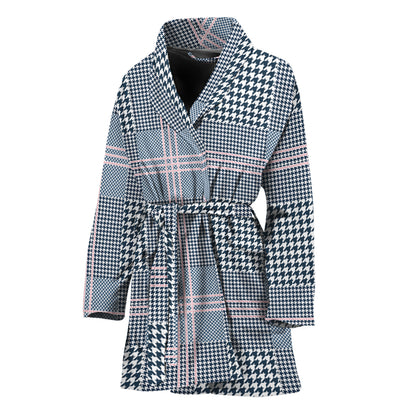 Navy And White Glen Plaid Print Women's Bathrobe
