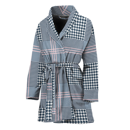 Navy And White Glen Plaid Print Women's Bathrobe