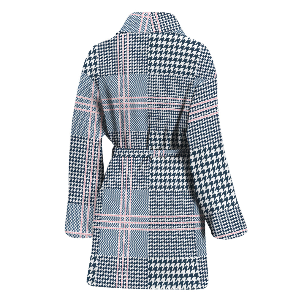 Navy And White Glen Plaid Print Women's Bathrobe