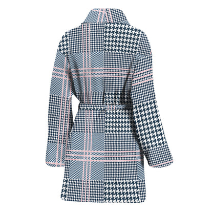 Navy And White Glen Plaid Print Women's Bathrobe