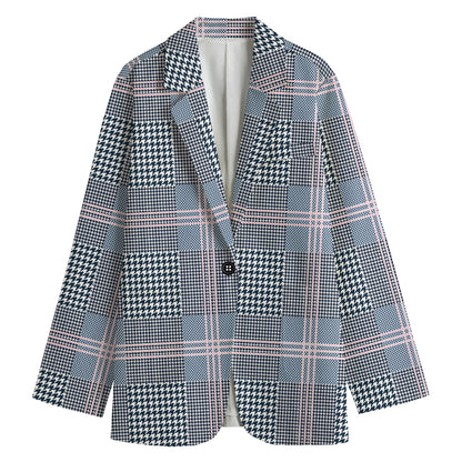 Navy And White Glen Plaid Print Women's Blazer