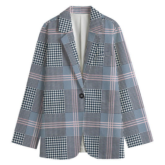 Navy And White Glen Plaid Print Women's Blazer