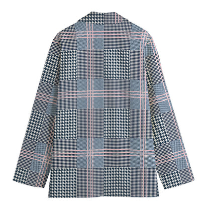 Navy And White Glen Plaid Print Women's Blazer
