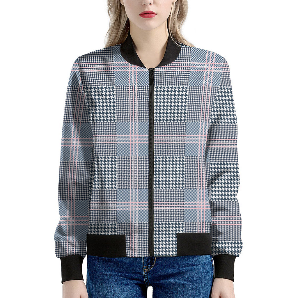 Navy And White Glen Plaid Print Women's Bomber Jacket