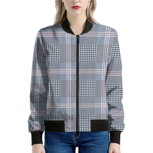 Navy And White Glen Plaid Print Women's Bomber Jacket