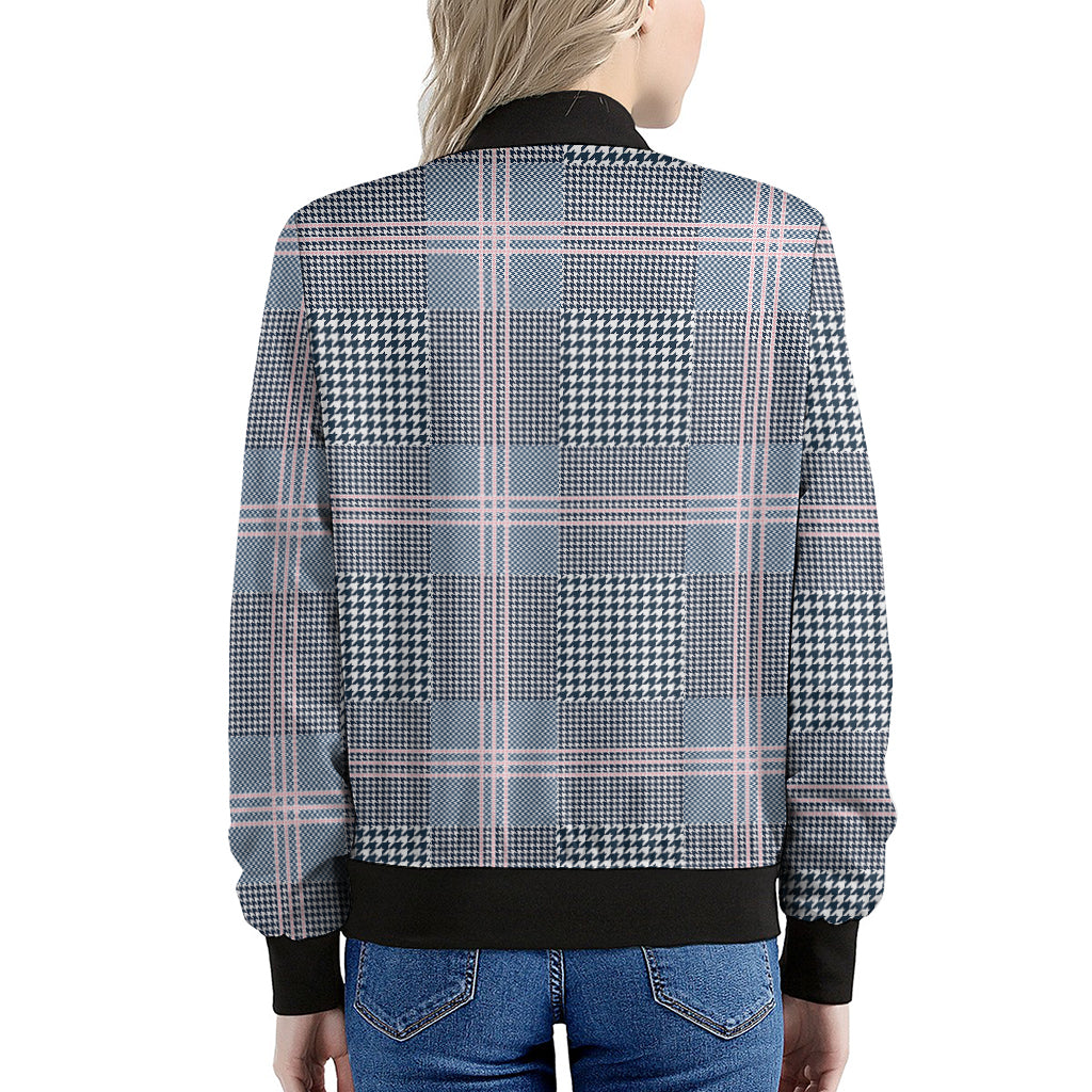 Navy And White Glen Plaid Print Women's Bomber Jacket
