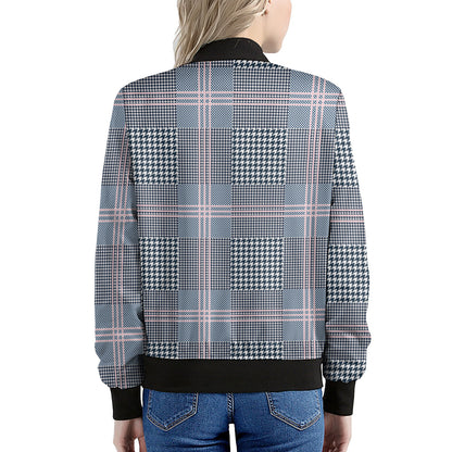 Navy And White Glen Plaid Print Women's Bomber Jacket