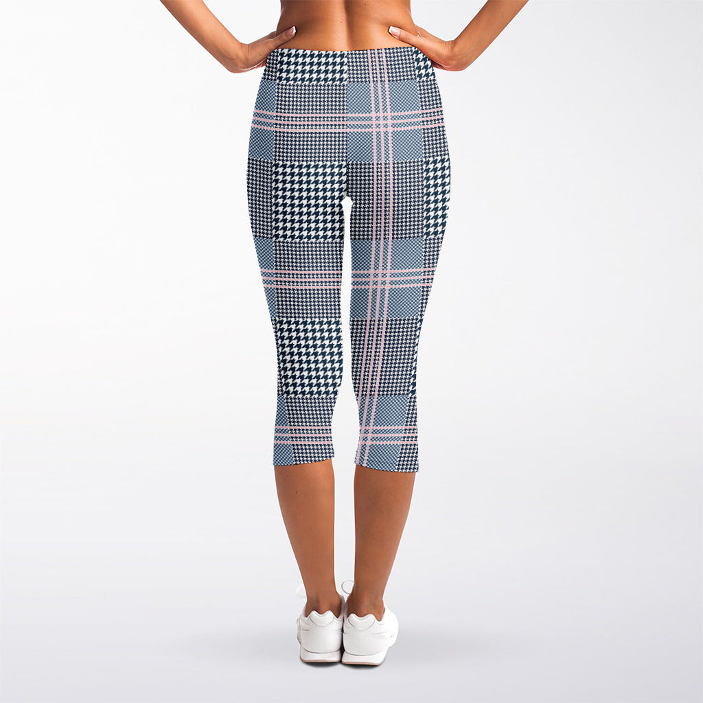 Navy And White Glen Plaid Print Women's Capri Leggings