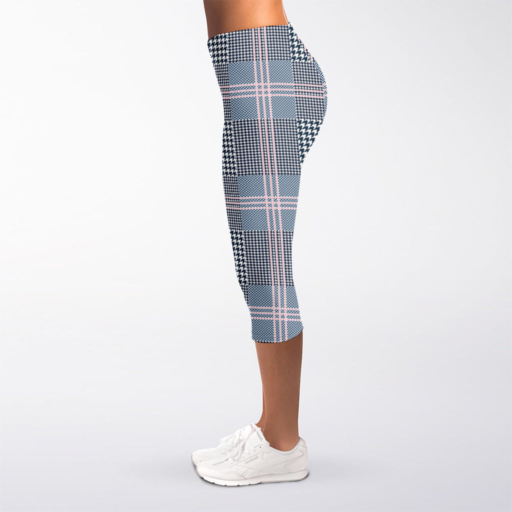 Navy And White Glen Plaid Print Women's Capri Leggings