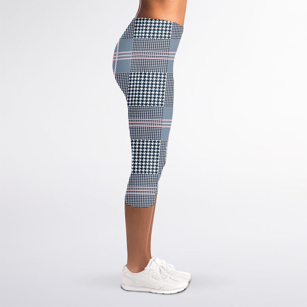 Navy And White Glen Plaid Print Women's Capri Leggings