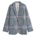 Navy And White Glen Plaid Print Women's Cotton Blazer
