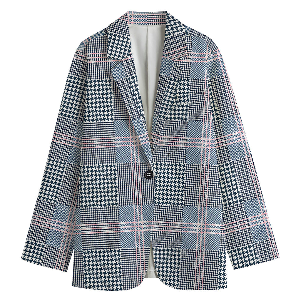 Navy And White Glen Plaid Print Women's Cotton Blazer