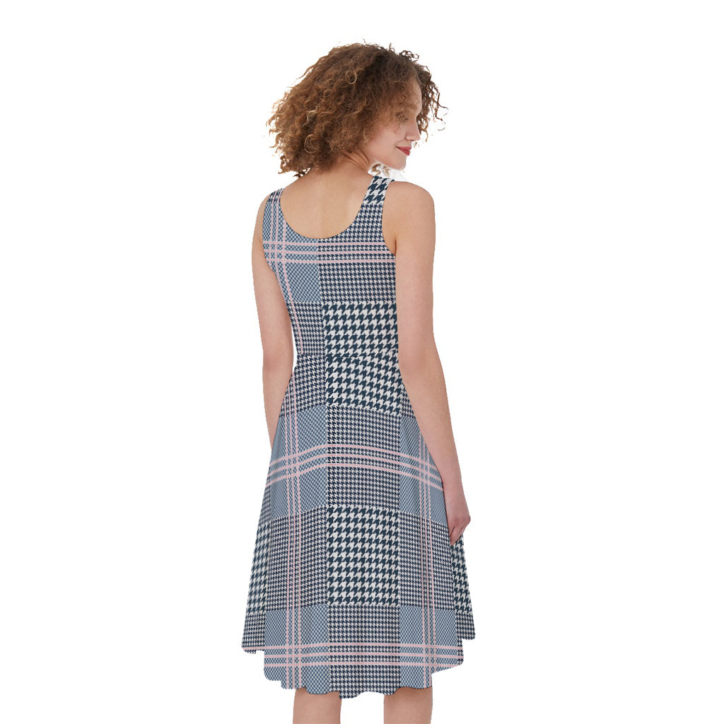 Navy And White Glen Plaid Print Women's Sleeveless Dress