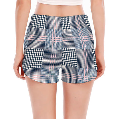 Navy And White Glen Plaid Print Women's Split Running Shorts
