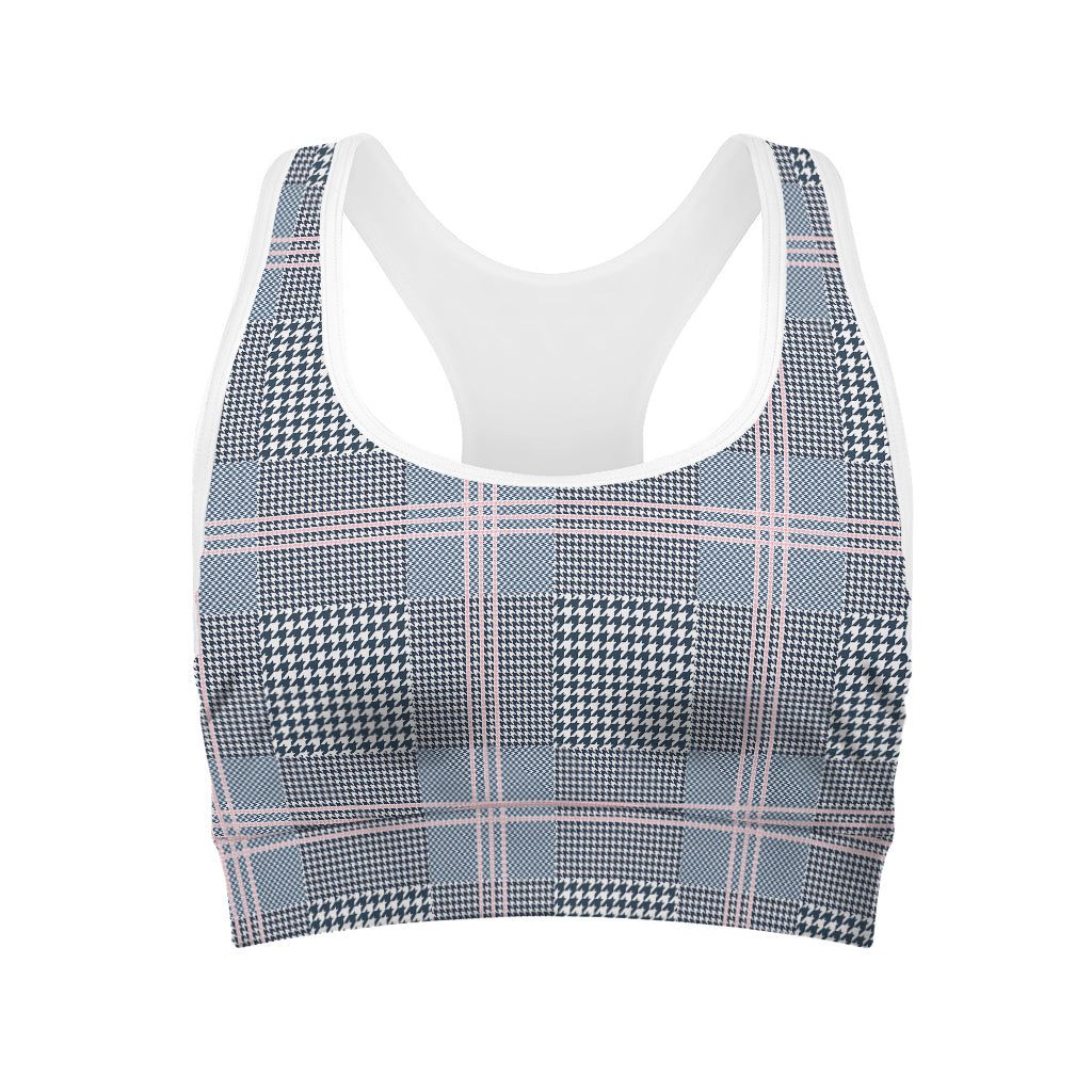 Navy And White Glen Plaid Print Women's Sports Bra