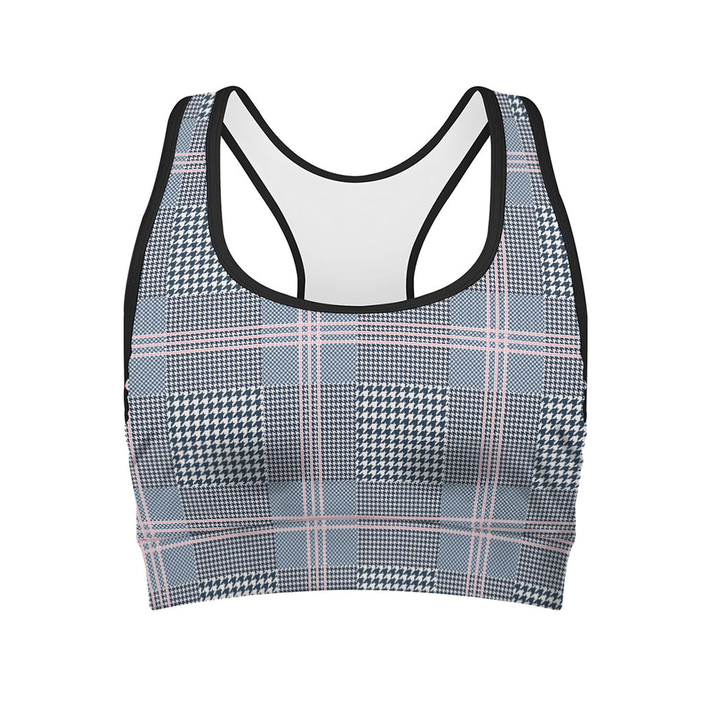 Navy And White Glen Plaid Print Women's Sports Bra