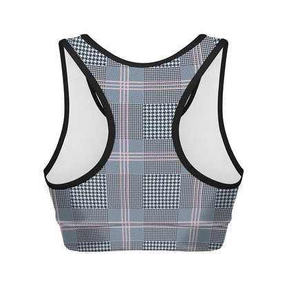 Navy And White Glen Plaid Print Women's Sports Bra