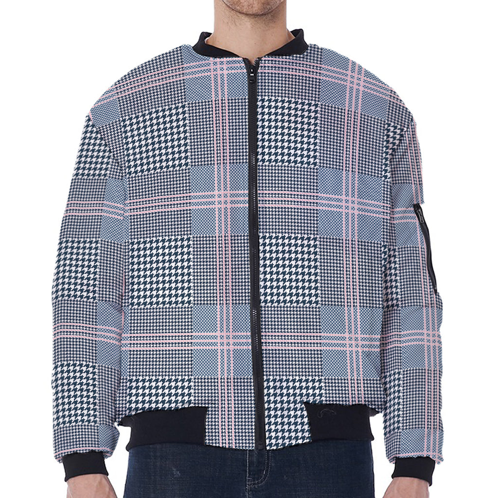 Navy And White Glen Plaid Print Zip Sleeve Bomber Jacket