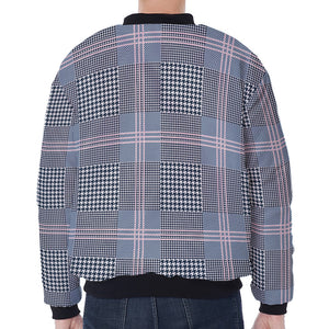 Navy And White Glen Plaid Print Zip Sleeve Bomber Jacket